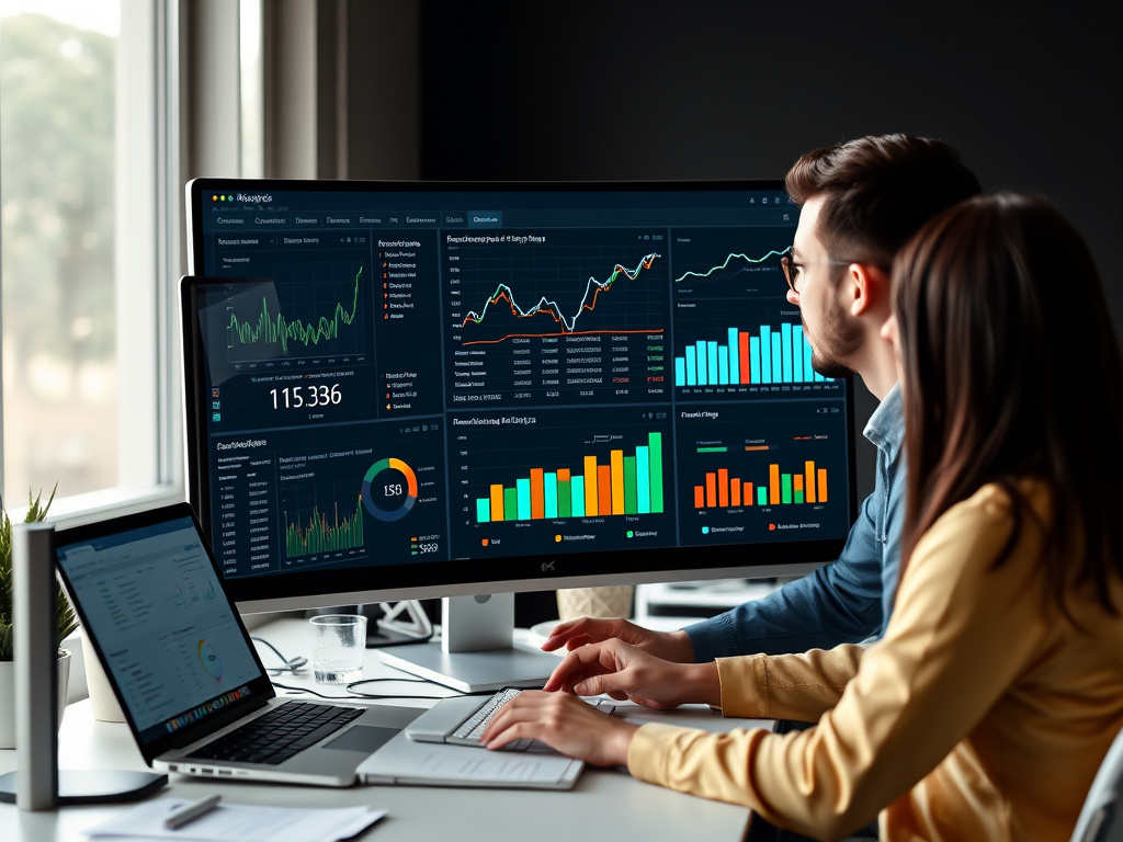 professional digital marketing team analyzing SEO keyword data on a computer screen with charts and dashboards