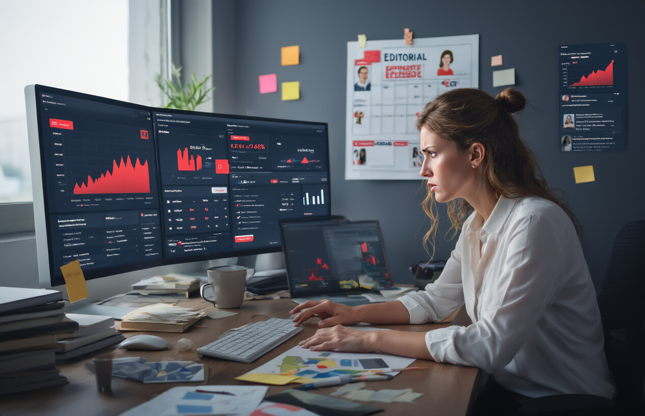 Create a realistic image of a frustrated white female professional staring at a social media dashboard with declining metrics and red arrows on multiple screens, a neglected editorial calendar on the wall, notifications piling up unread, and competitor profiles showing more engagement, all in a dimly lit office space that conveys the urgency of updating an outdated strategy.
