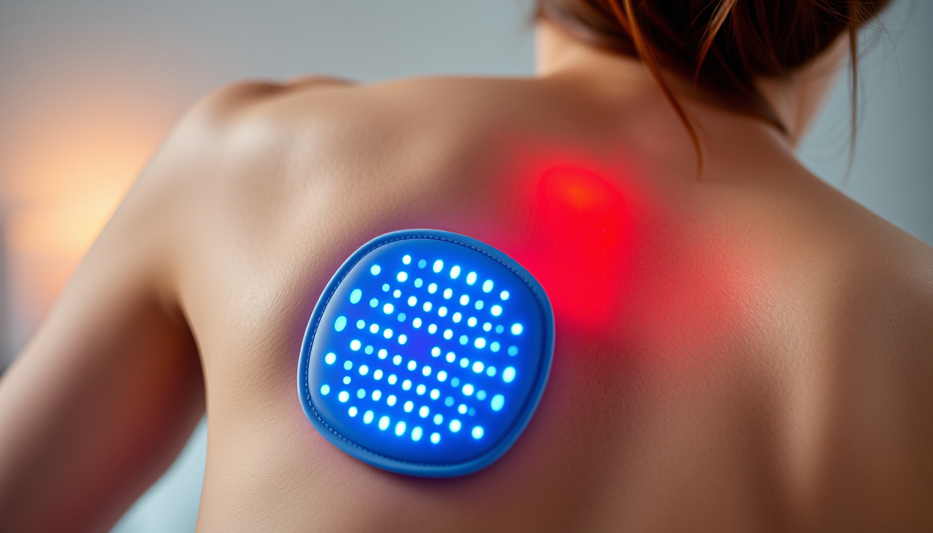  close-up of heated compress on lower back with soothing light
