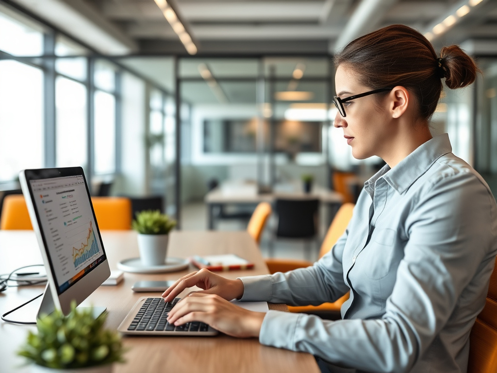 business professional analyzing mobile website performance with SEO tools in a corporate office