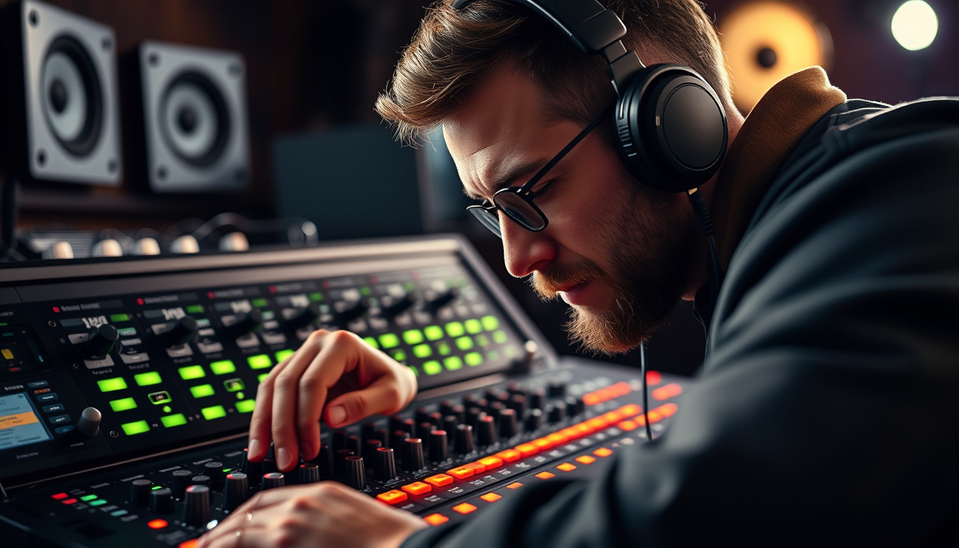  close-up of sound engineer adjusting audio mixer, studio setup, focused expression, film production ambiance