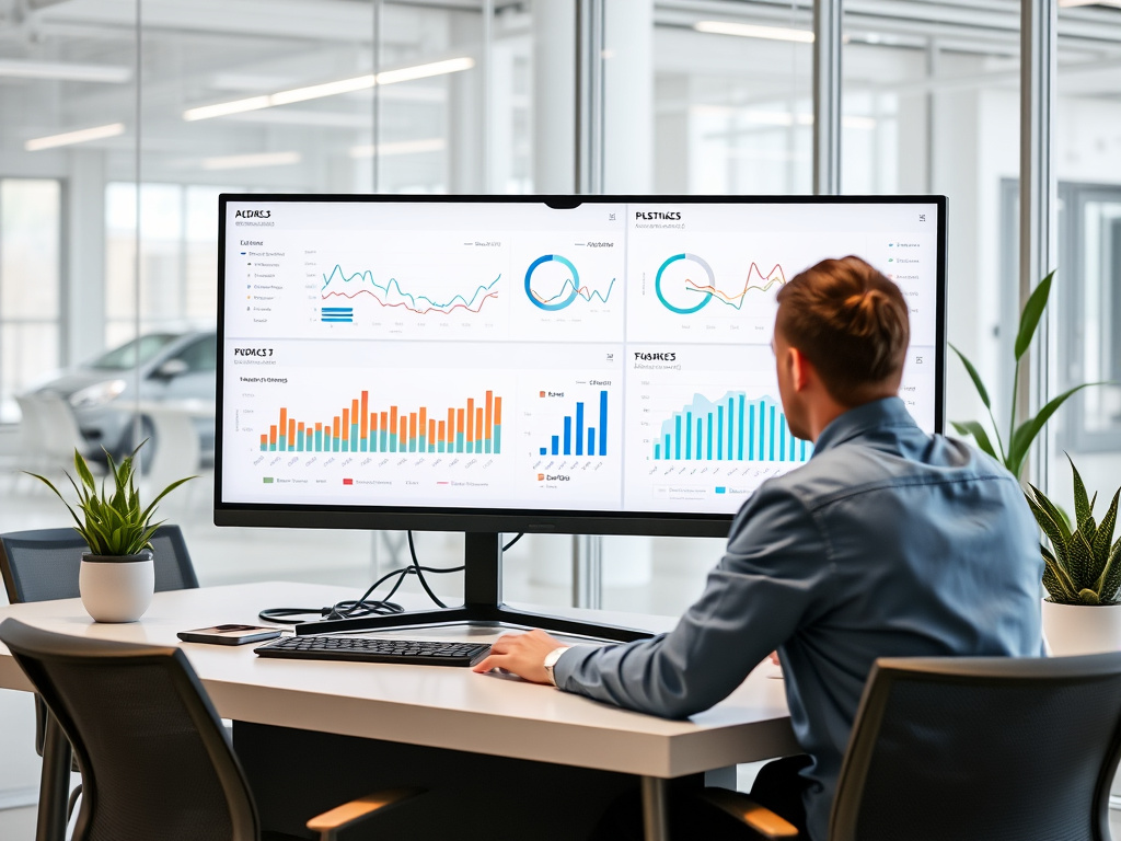 digital marketing analyst reviewing website performance dashboards on a large monitor in a corporate office