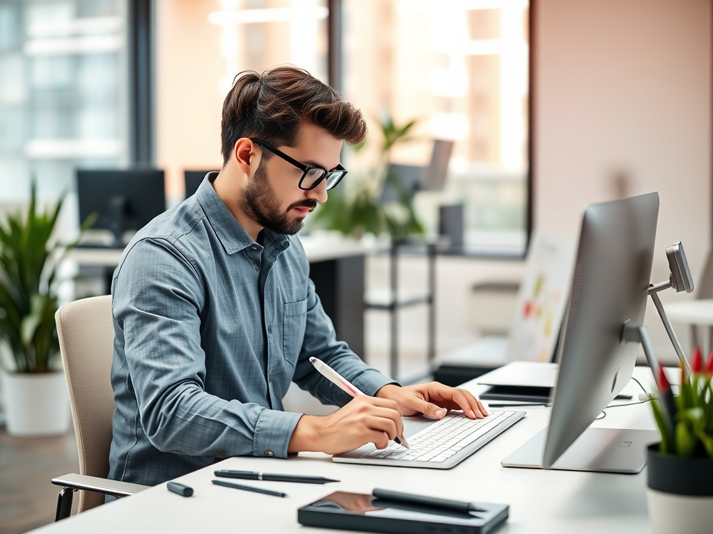 professional digital marketing specialist editing a webpage in a modern office