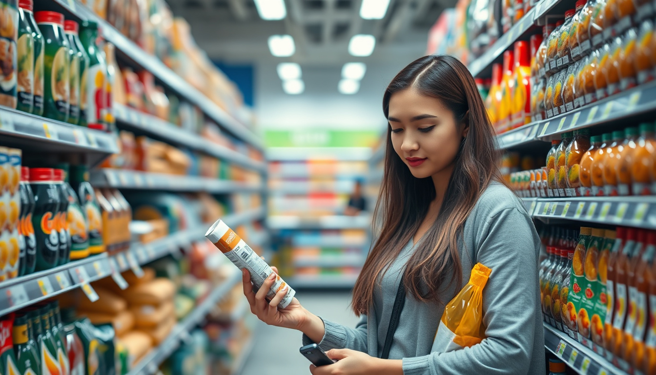  health-conscious person inspecting food labels in a modern grocery store aisle