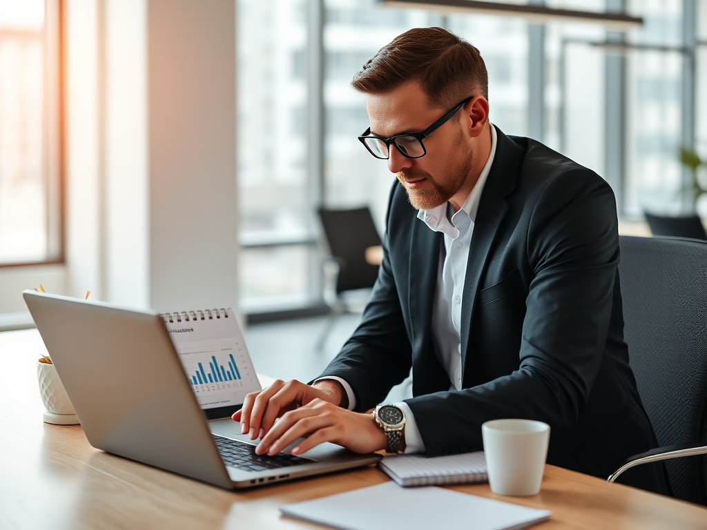 business professional analyzing SEO metrics and technical site issues on a laptop in a modern office