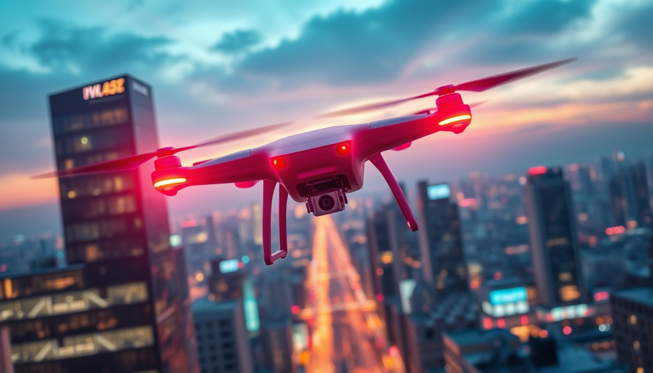  sleek autonomous drones navigating urban sky, digital data streams, cutting-edge technology ambiance