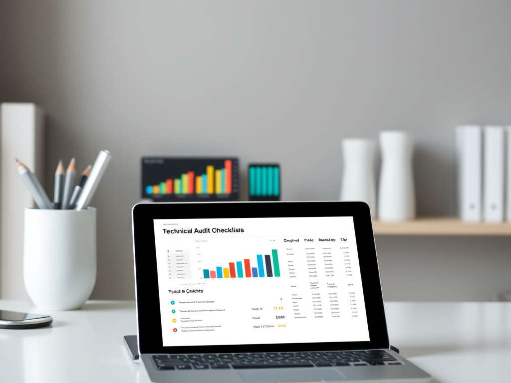 professional digital marketing analysis with charts and technical audit checklists on a laptop screen