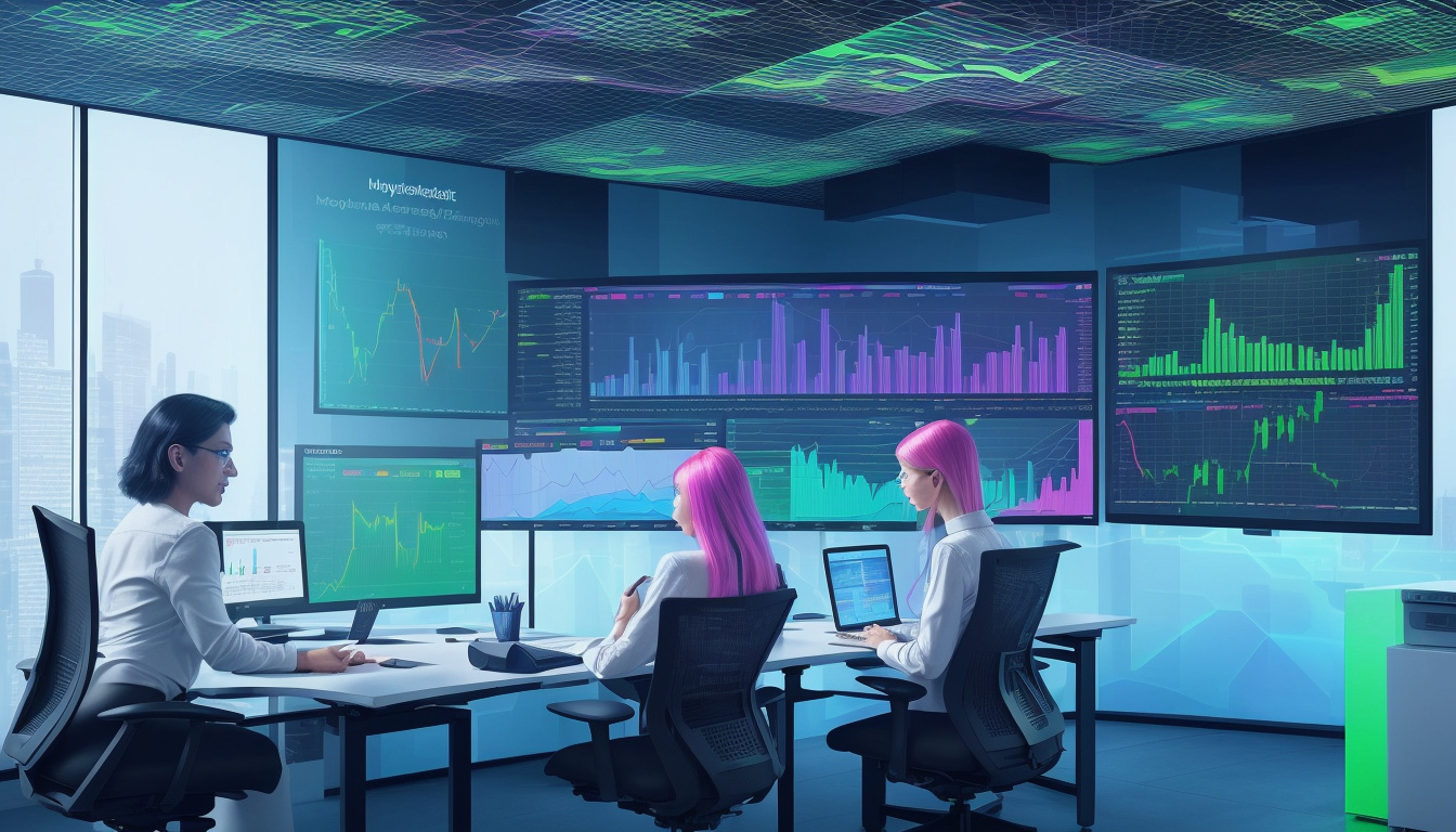  Diverse investors analyzing vibrant crypto charts on multiple holographic screens in a sleek modern office
