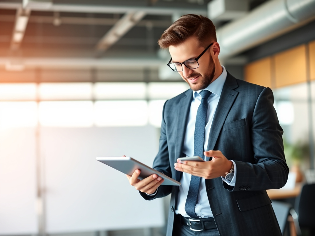 professional business person confidently analyzing SEO analytics on a sleek digital device in a modern office setting