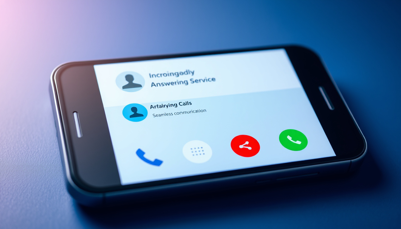  Phone screen showing incoming calls, friendly answering service interface, vibrant colors, seamless communication