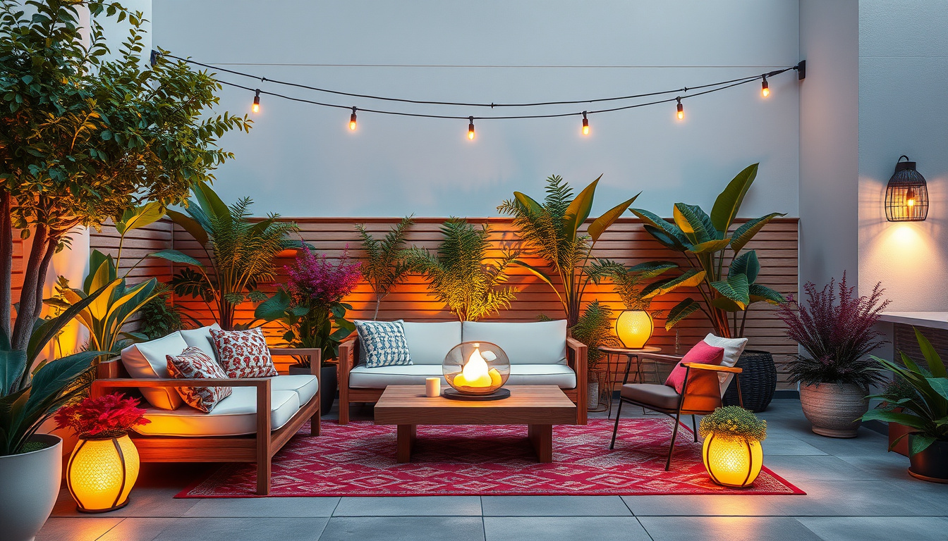 Transform Your Outdoor Space With a Stylish and Functional Patio 1 An outdoor space featuring a cozy seating area with decorative lighting and vibrant plants