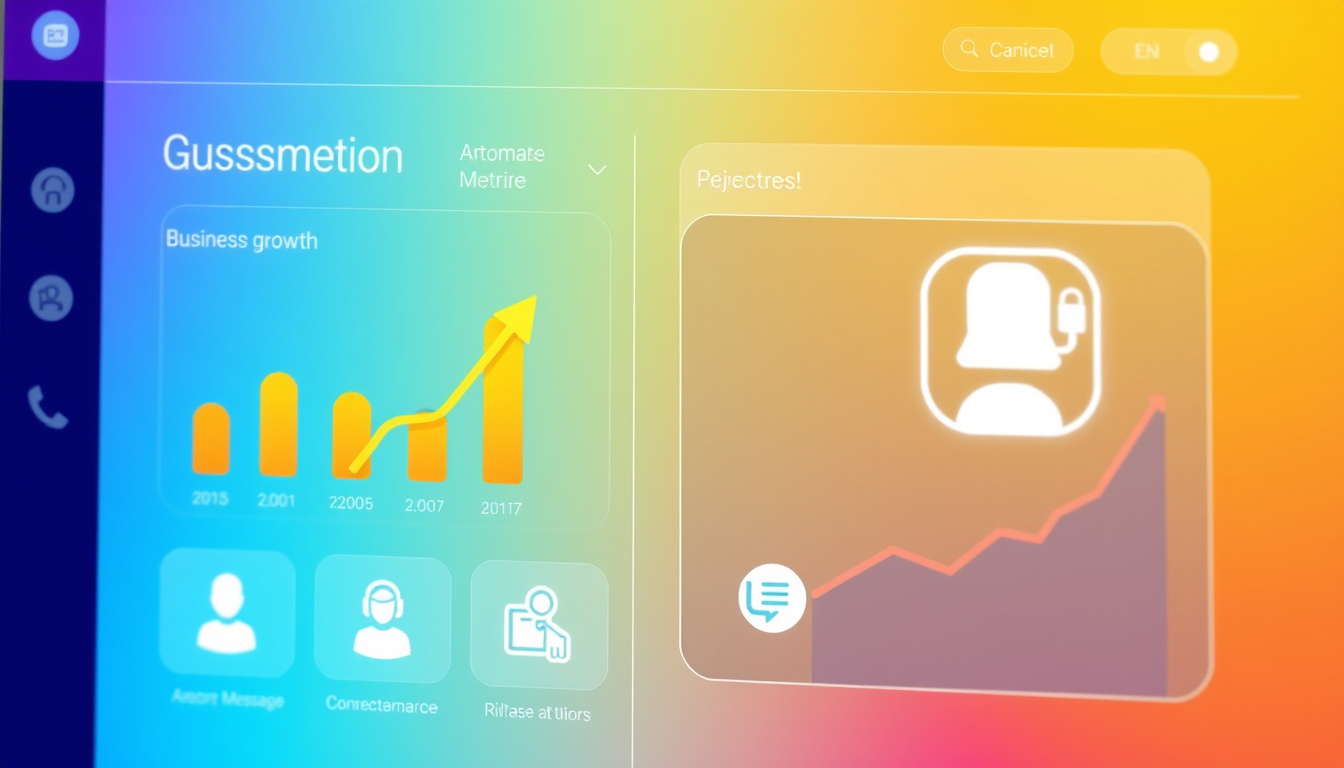  digital interface showing business growth metrics and automated message answering service icons, vibrant colors