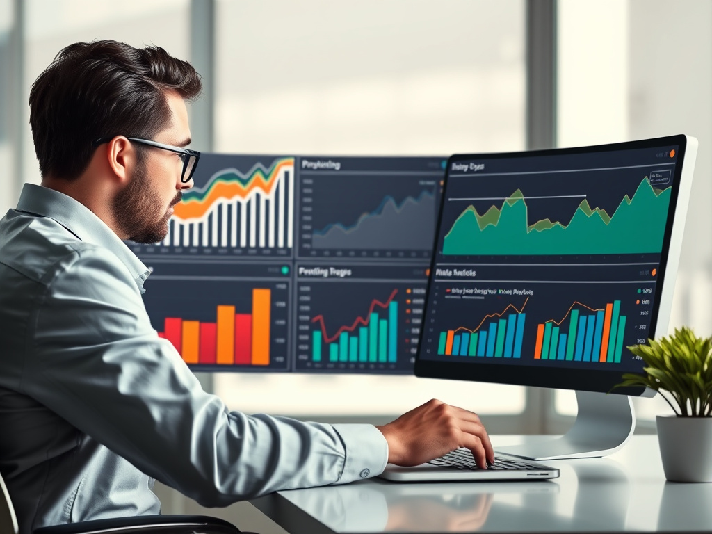 professional marketing executive analyzing SEO performance metrics on a digital dashboard