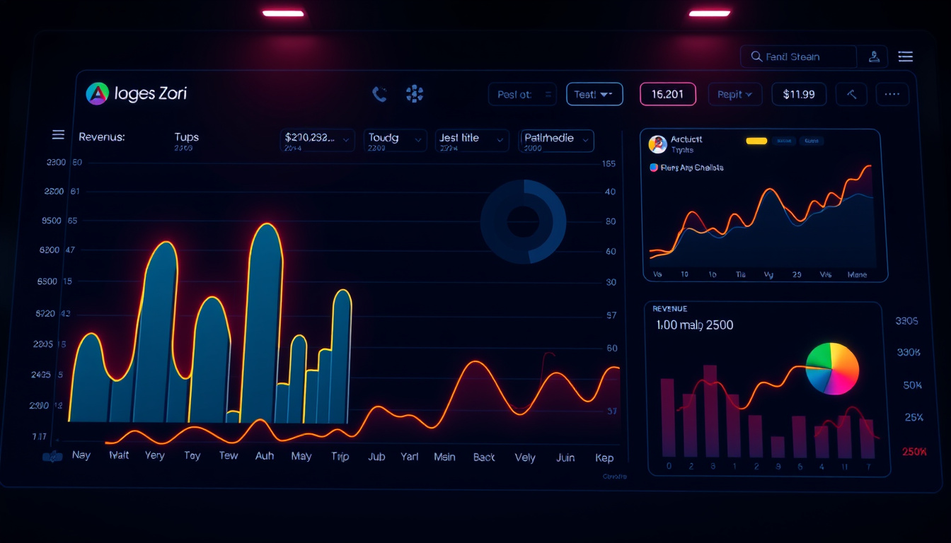 sleek digital dashboard showing revenue spikes, dynamic charts, glowing interface