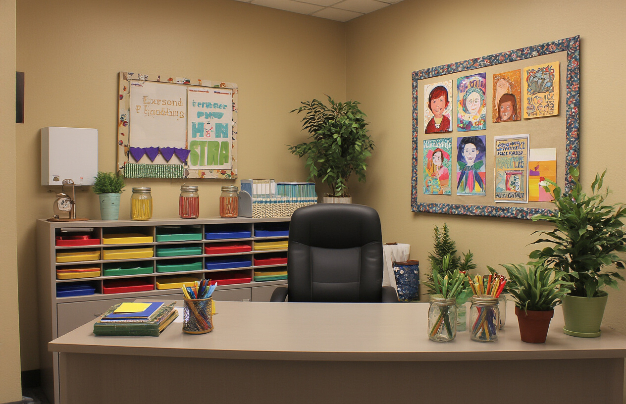 Create a realistic image of a welcoming school registrar's office with budget-friendly decor elements including colorful filing organizers, repurposed mason jars holding pens, a DIY bulletin board with fabric covering, potted plants on the desk, and wall art made from framed student artwork, all arranged neatly on and around a modest desk with warm lighting highlighting the stylish yet economical office space.