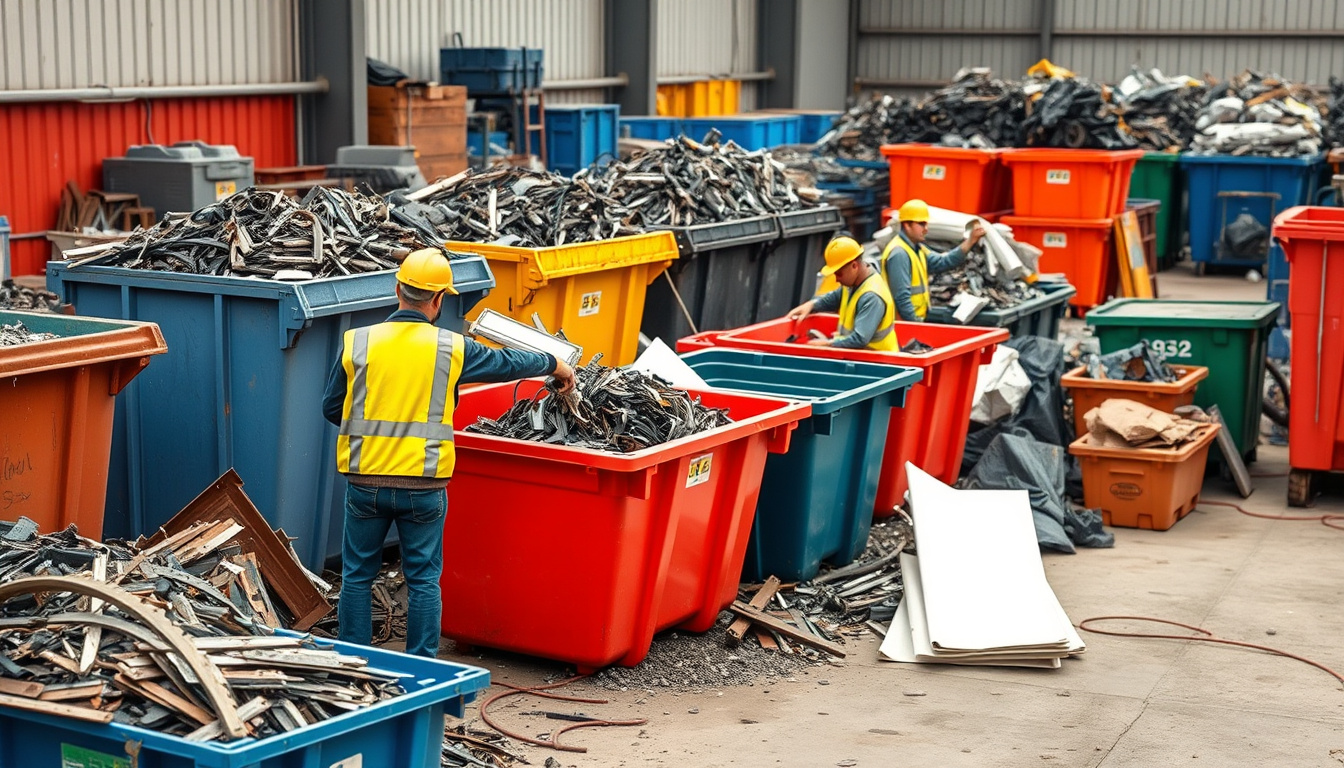  Workers sorting scrap metal, large recycling bins, safety gear, organized worksite, vibrant colors