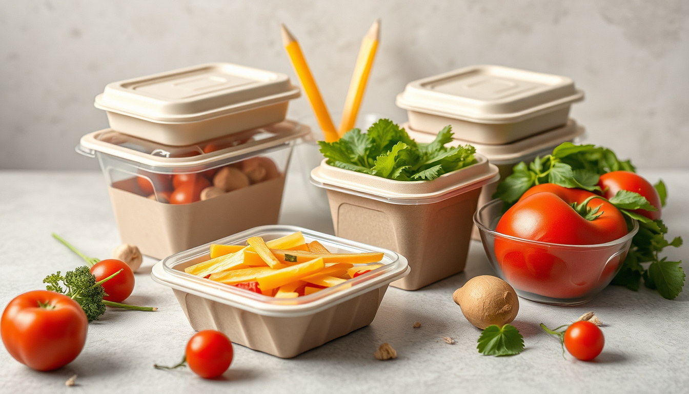  Innovative biodegradable food containers, fresh vegetables, minimalistic style, natural materials texture