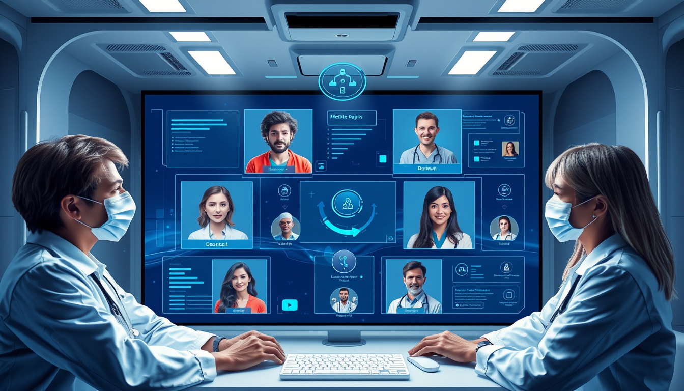  futuristic telemedicine interface with diverse patients, seamless digital communication, modern medical technology