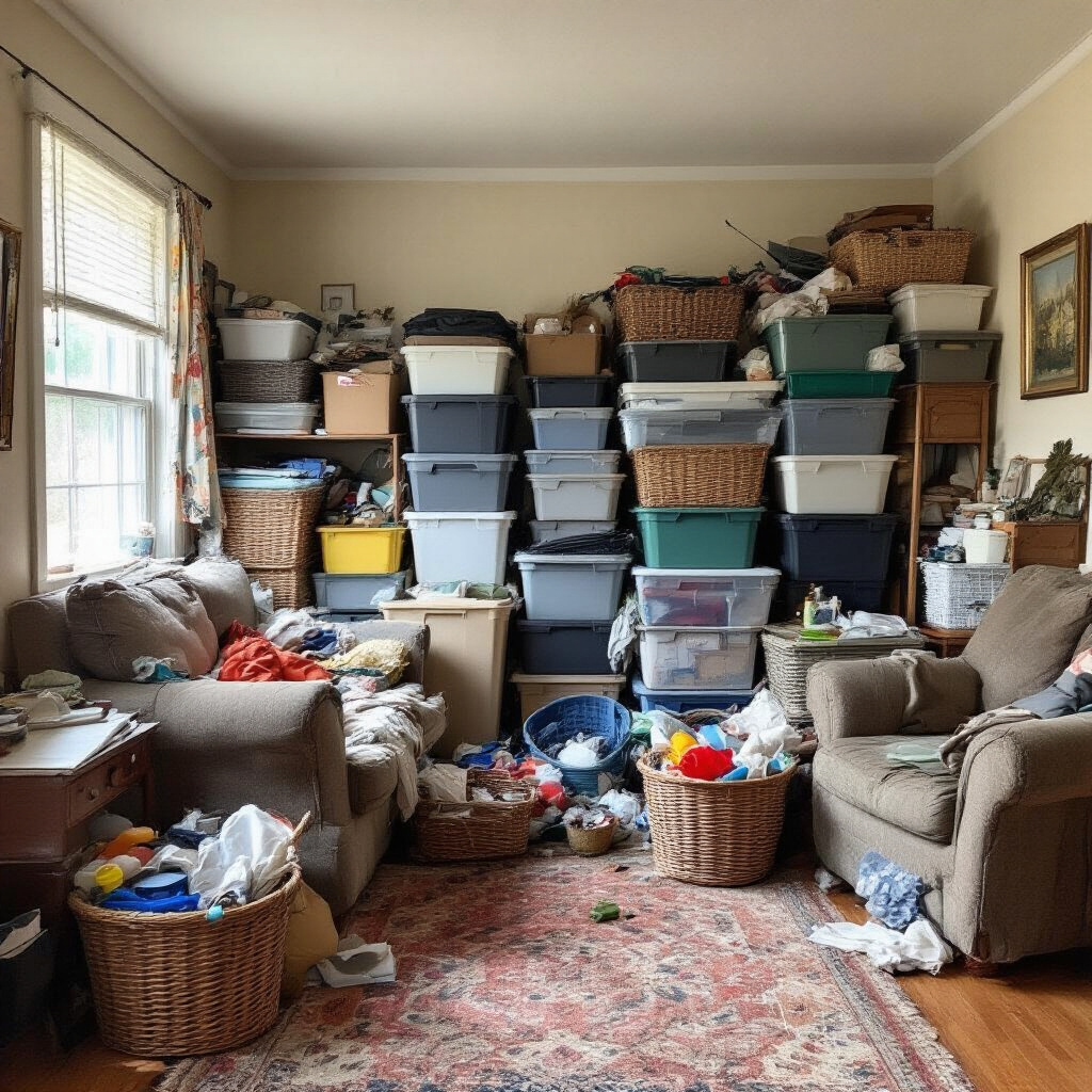 Create a realistic image of an overcrowded living room with inefficient storage solutions, showing multiple bulky storage bins stacked haphazardly, unused furniture doubling as storage, and items spilling out of decorative baskets that take up floor space, all making the room feel cramped and disorganized despite attempts to contain clutter.