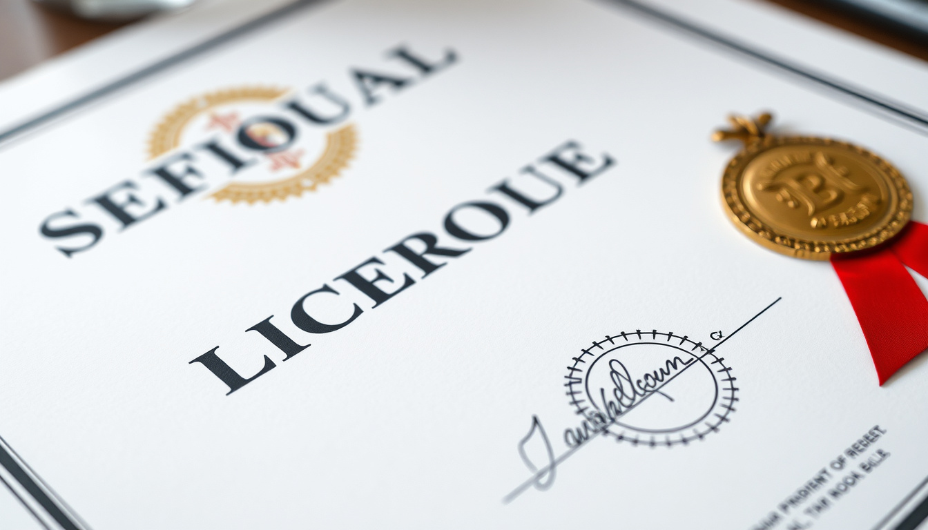 close-up of official alcohol vendor license certificate with seal and signature on desk