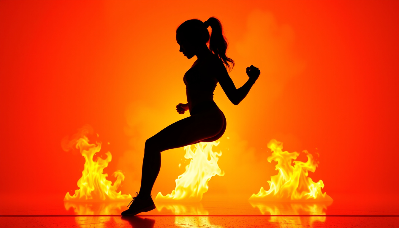  Sleek silhouette with glowing flames, energetic workout scene in vibrant colors