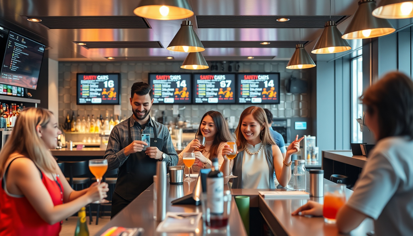  modern bar with safety signs, diverse staff checking ID, happy customers enjoying drinks