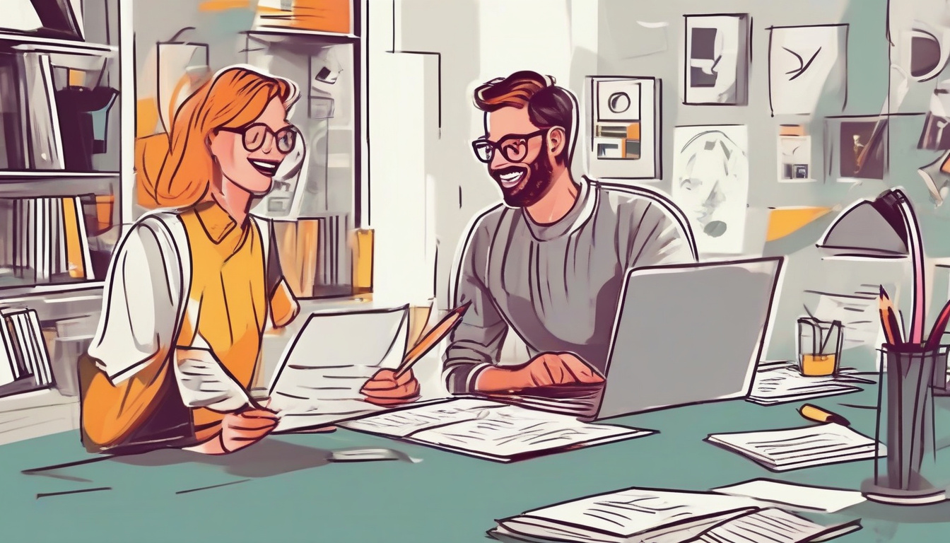  writer excitedly receiving feedback on screenplay from expert consultant in creative studio