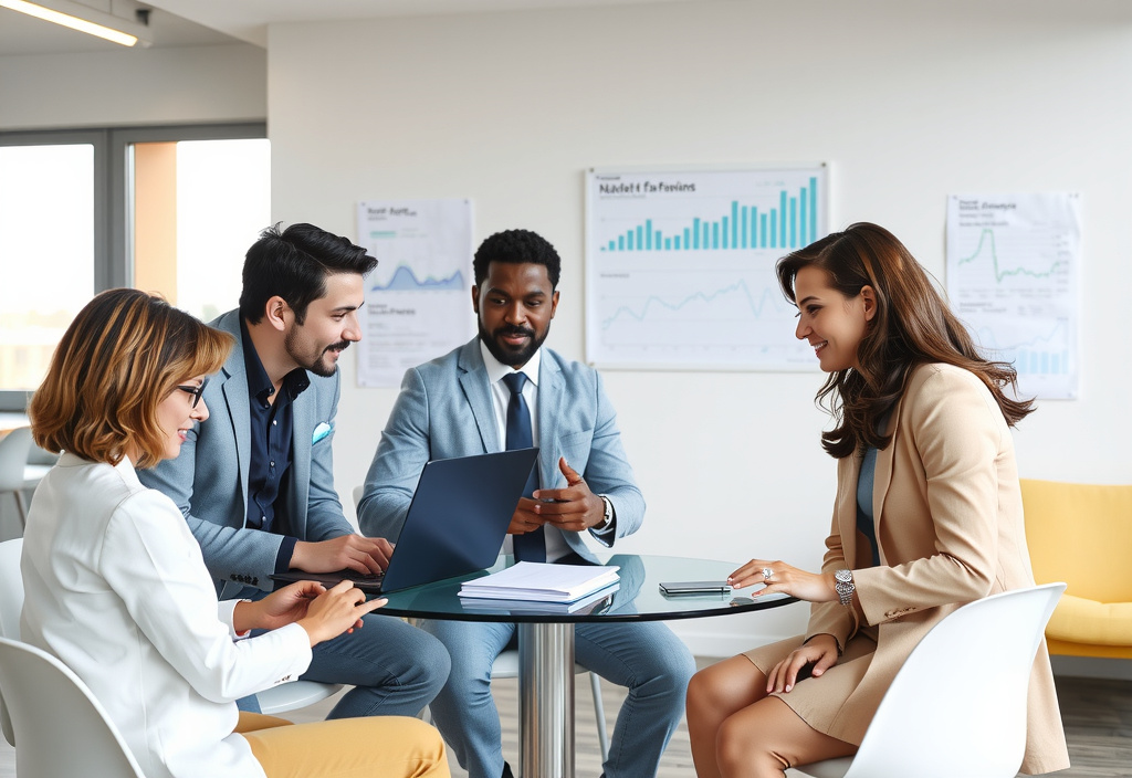 professional photo of diverse financial team in modern office environment, three advisors (mixed genders and ethnicities) collaborating around a glass table with laptops, financial charts on the wall, natural lighting through large windows, business casual attire, warm and professional atmosphere