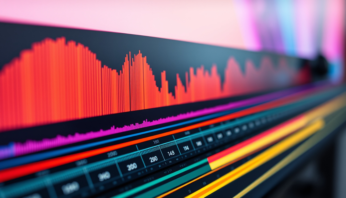  Cinematic timeline with colorful clips, waveforms, and editing tools, dynamic close-up
