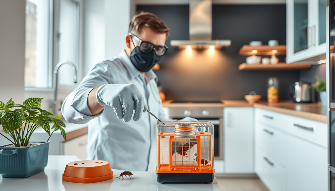  Modern kitchen scene with a professional pest control expert wearing gloves, setting traps for cockroaches