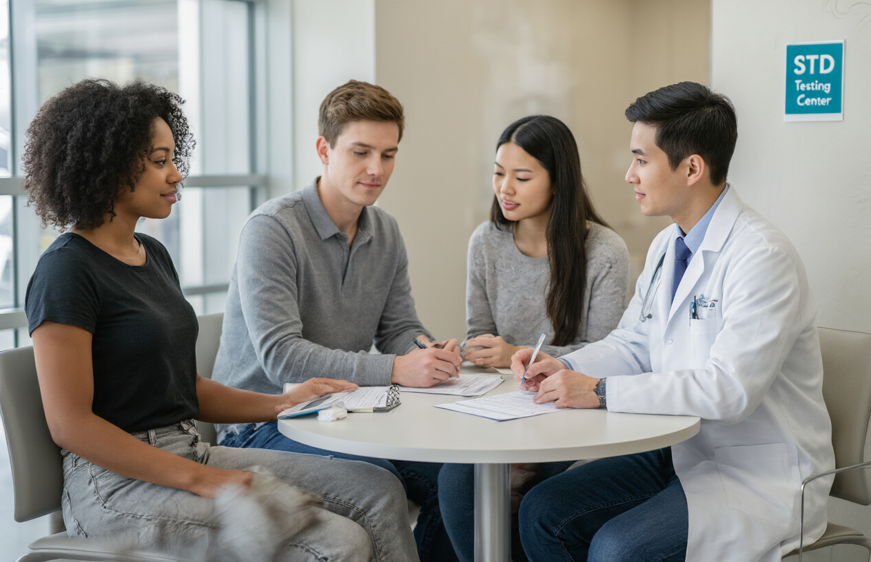 Create a realistic image of a diverse group of young adults (black female, white male, Asian female) in a modern healthcare waiting room with a "STD Testing Center" sign visible, where they appear thoughtful but relieved, with one person filling out a health questionnaire while another is speaking with a healthcare professional in a white coat, conveying the importance of regular health screening in a clean, well-lit environment.