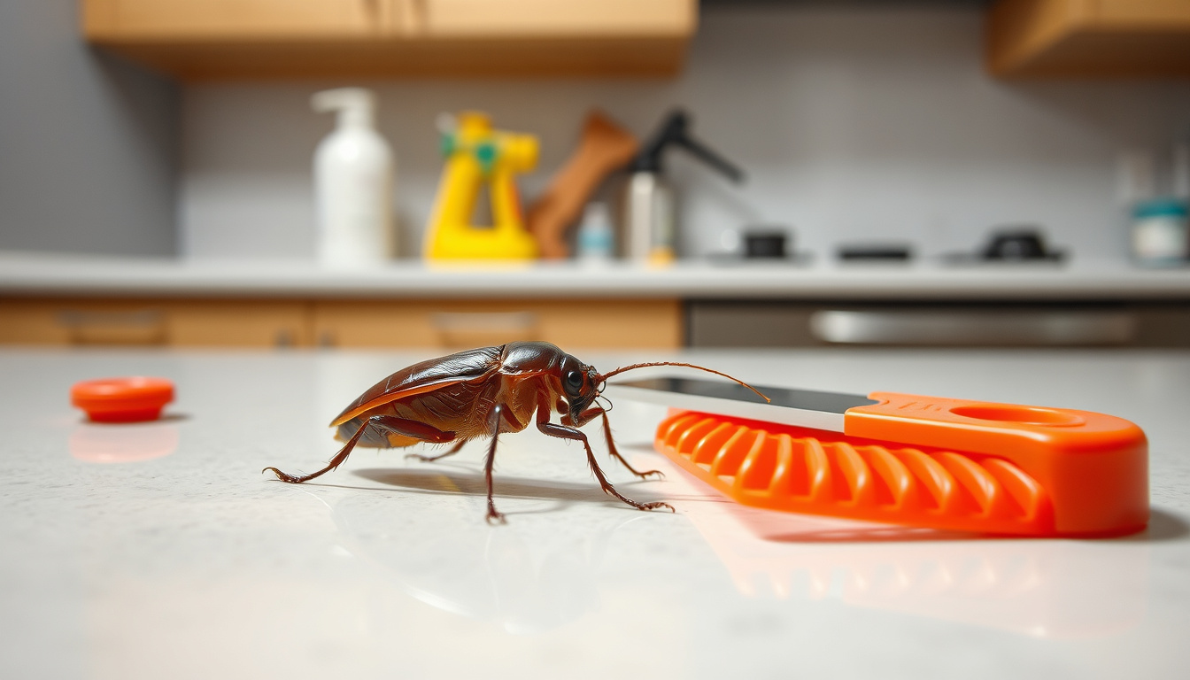  Close-up of roach crawling on kitchen counter, pest control tools beside, bright lighting