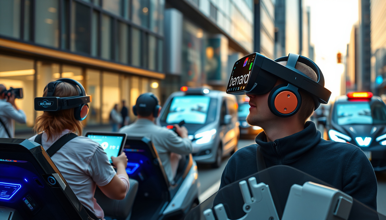  People using augmented reality vehicles in a high-tech urban environment