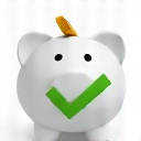 3D rendered icon of a piggy bank with golden coins and a green checkmark, minimalist modern design, clean white background