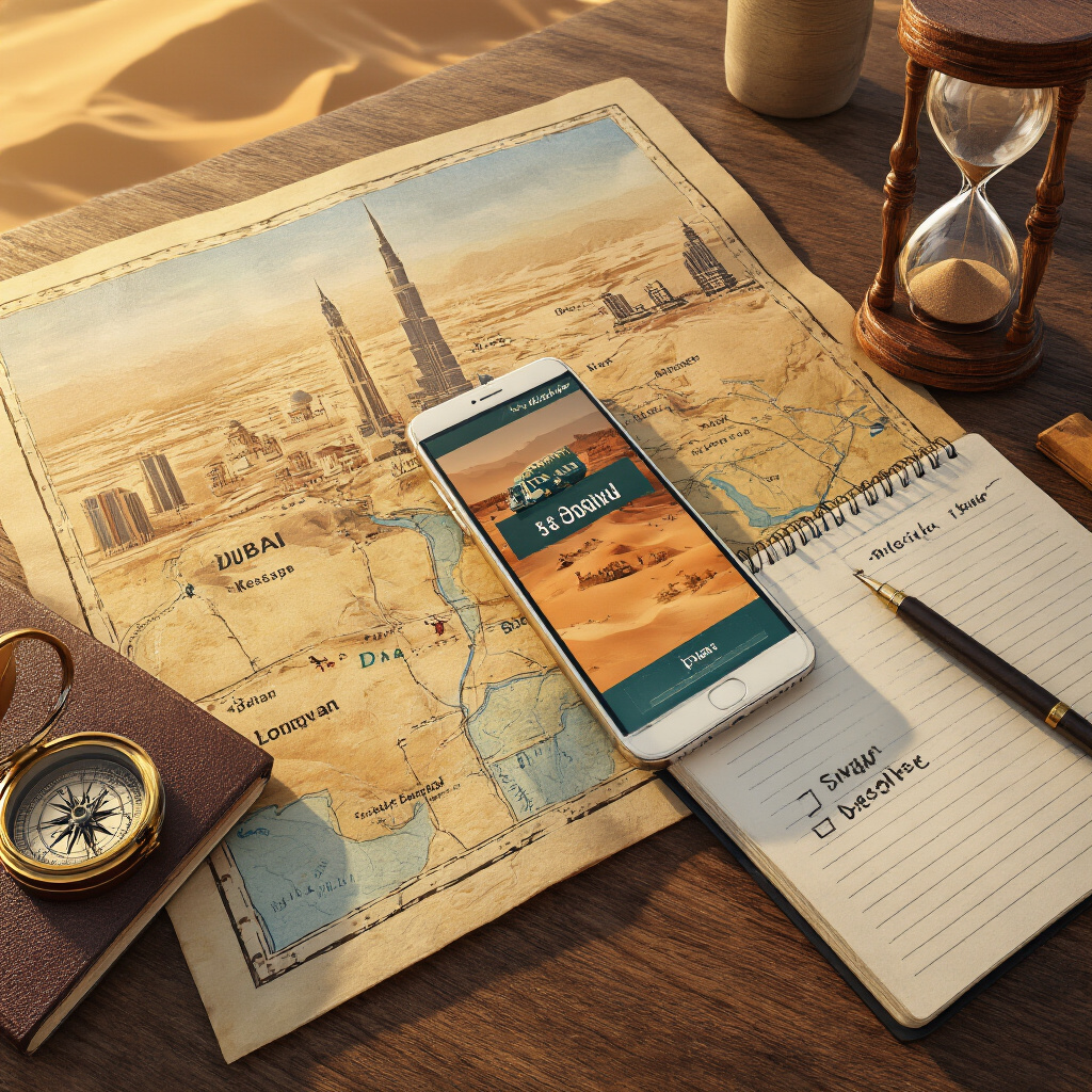 Create a realistic image of a detailed travel planning scene with a map of Dubai and its desert areas, a guidebook, and a smartphone showing safari booking options spread on a wooden table, alongside a notebook with a checklist, a compass, and a small hourglass, all bathed in warm afternoon light suggesting preparation for an upcoming desert adventure.