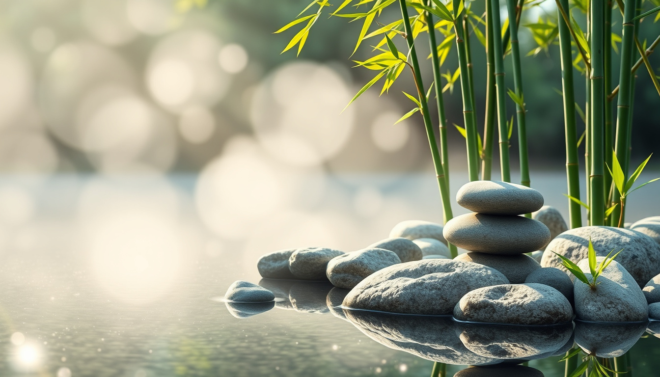  tranquil zen garden with stones and bamboo, gentle morning mist, soothing atmosphere