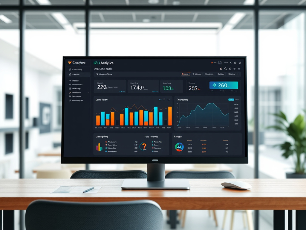 digital analytics dashboard displaying SEO metrics on a corporate computer screen