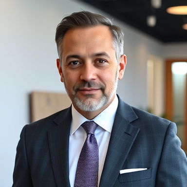 professional portrait of a hispanic man in his 40s, wearing a suit, confident expression, modern office background