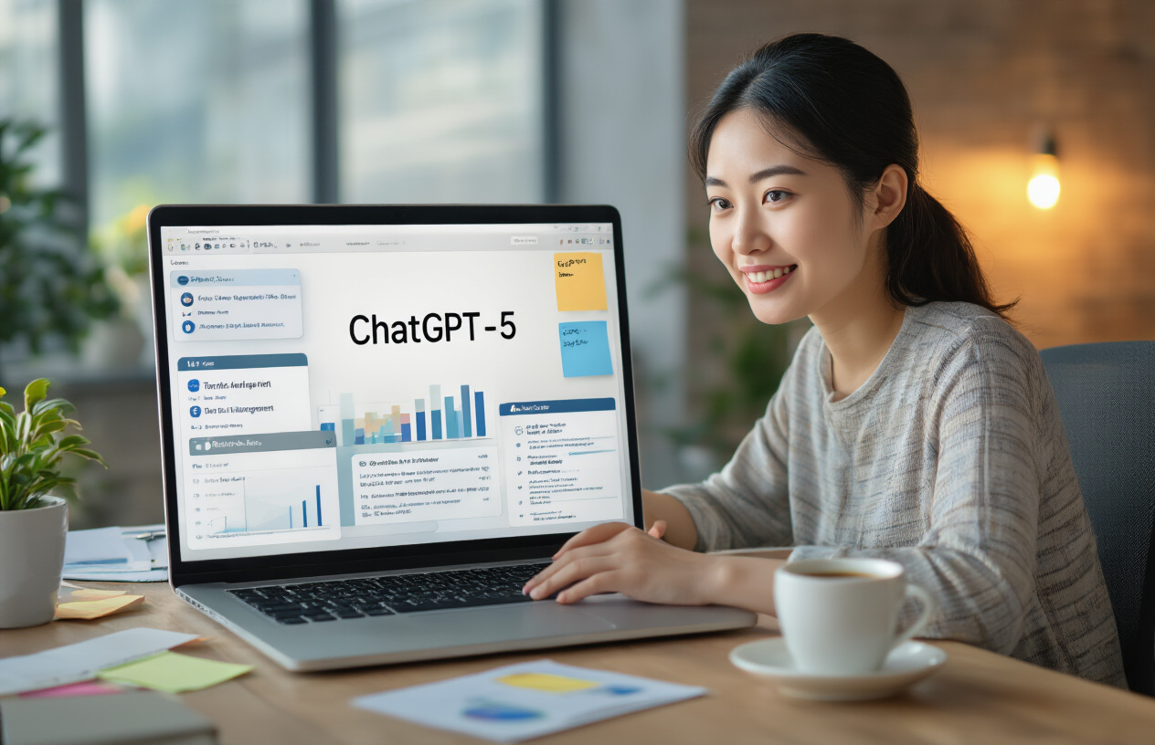 Create a realistic image of a young Asian female professional sitting at an organized desk, efficiently managing multiple tasks on a laptop displaying ChatGPT-5 interface, with digital sticky notes, task management app, and productivity charts visible on screen, a satisfied expression on her face, warm office lighting creating a productive atmosphere, with a cup of coffee and a small plant on the desk.