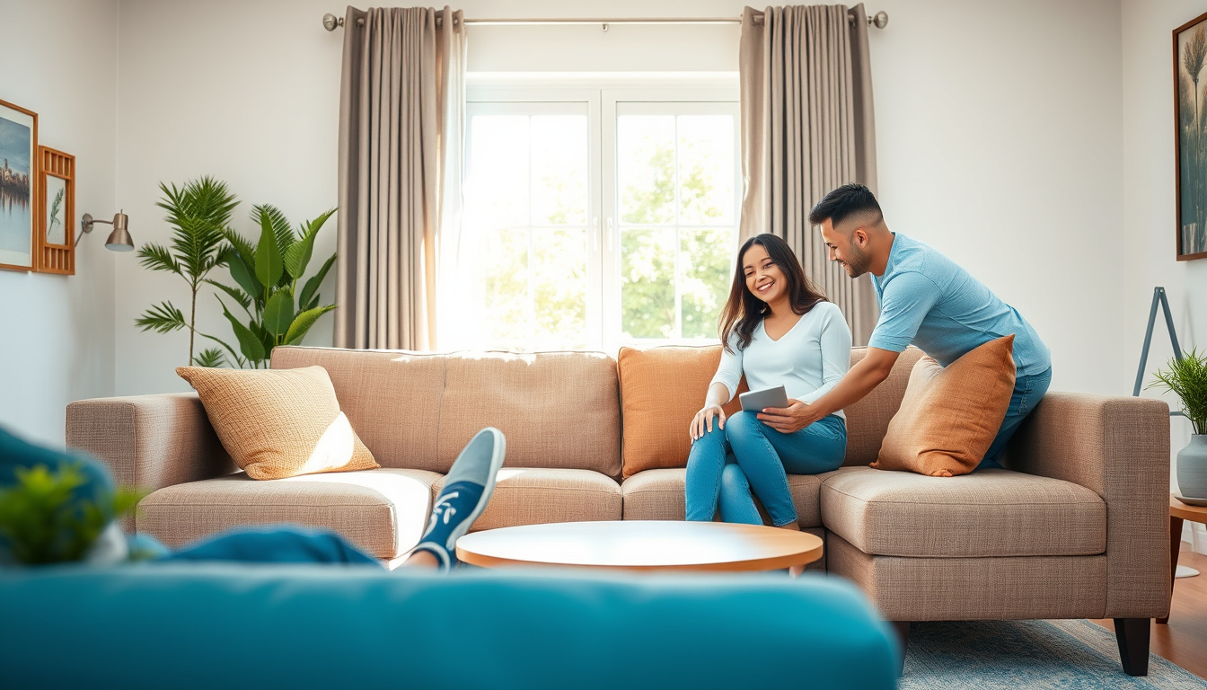  happy family replacing old sofa with stylish new furniture, bright interior sunlight