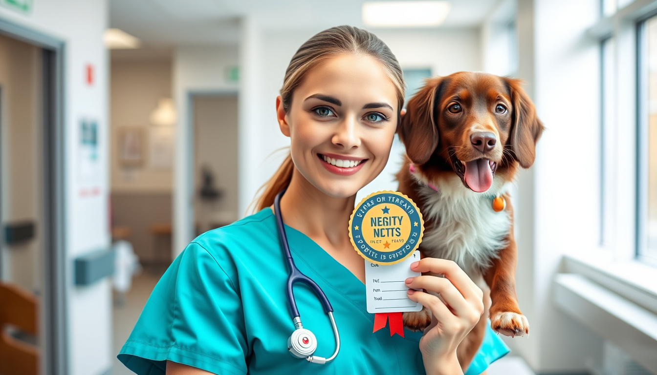 confident vet tech holding certification badge in bright animal hospital setting
