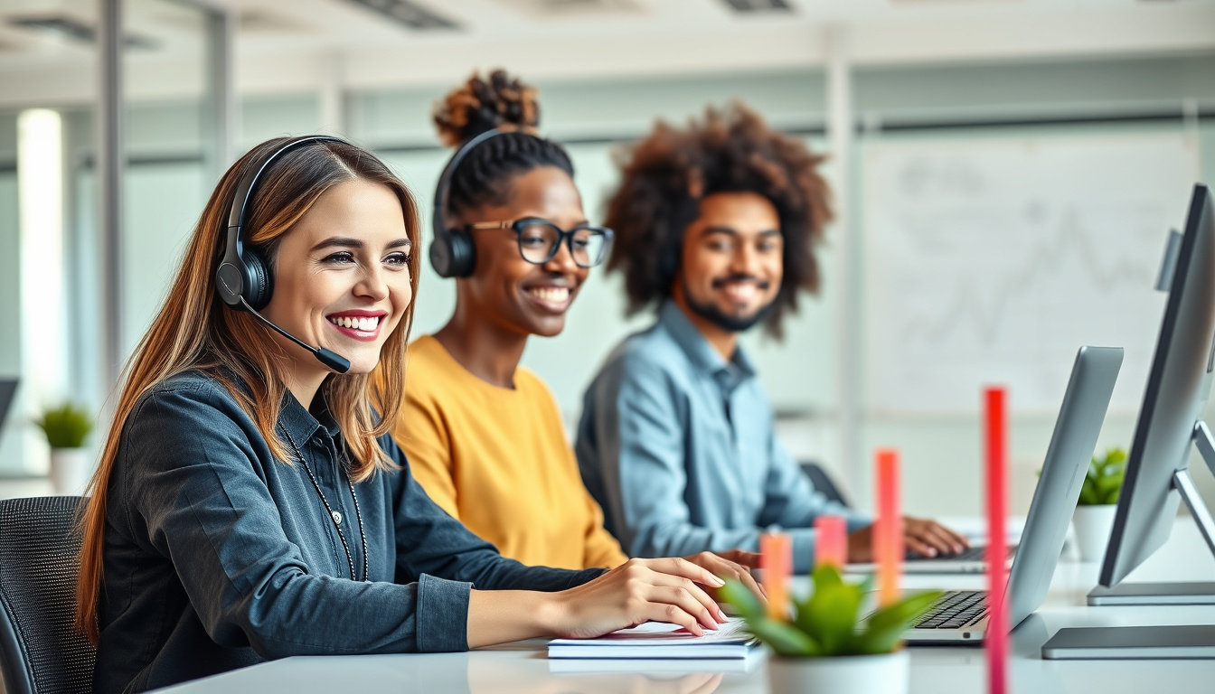  happy customers on phone, smiling support team, bright modern workspace, rising sales charts