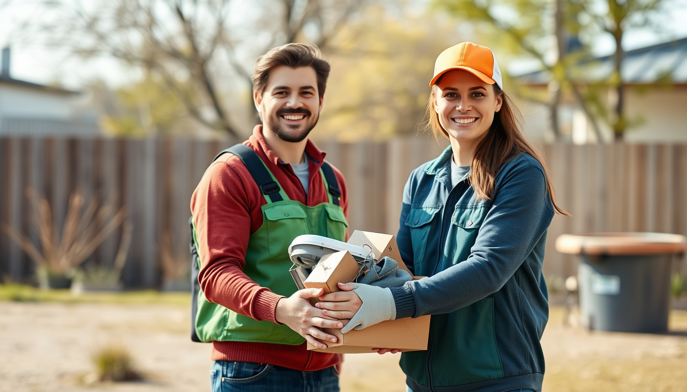  smiling customer handing junk to eco-friendly removal crew outdoors