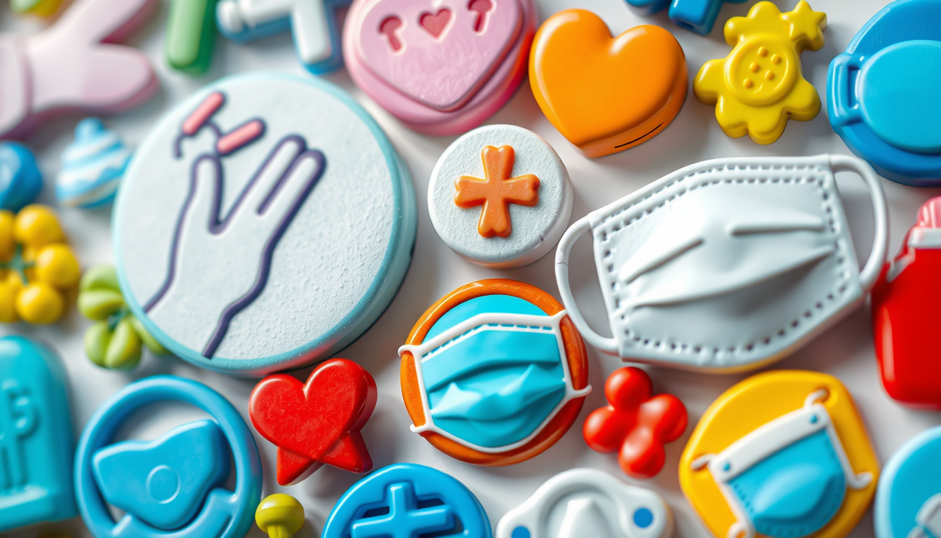  Close-up of healthy lifestyle icons like handwashing and masks, vibrant colors