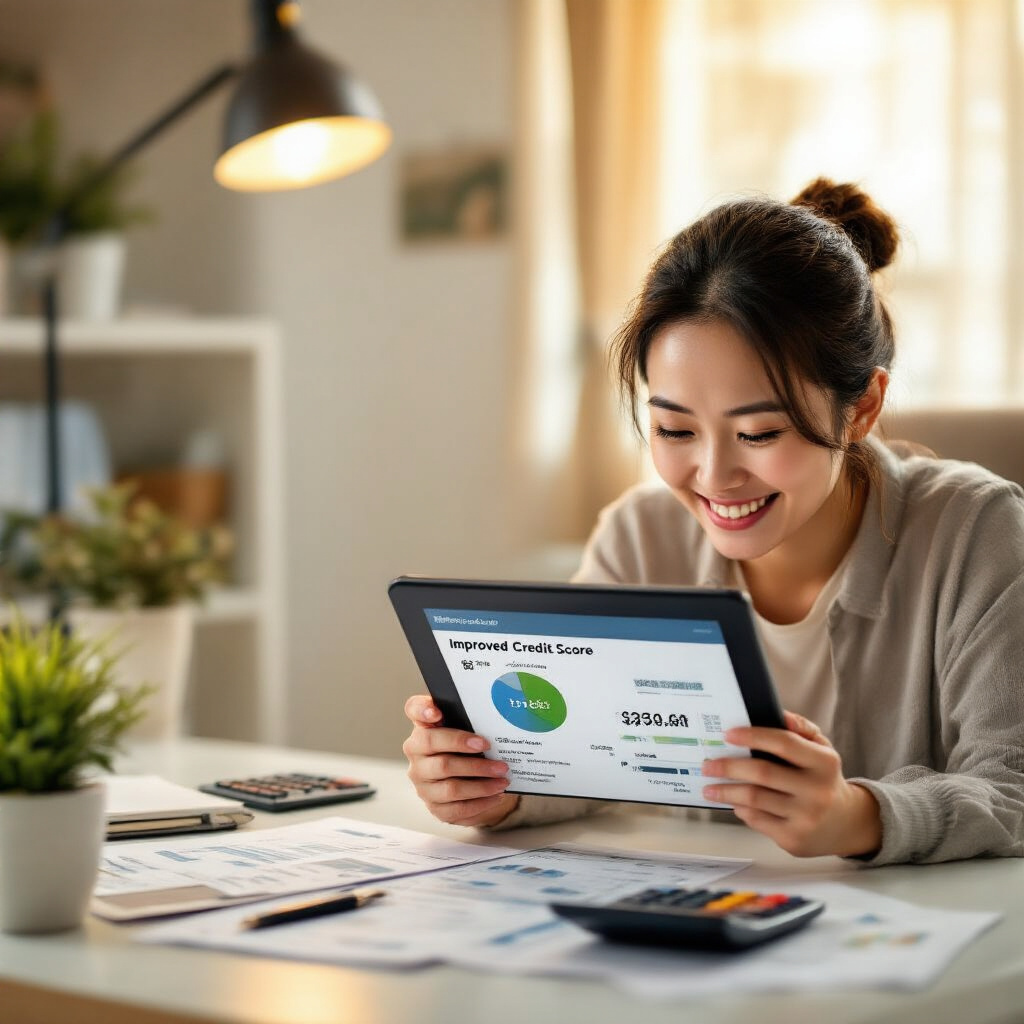 Create a realistic image of a relieved Asian woman looking at her improved credit score on a tablet screen, smiling as she sits at a clean desk with organized financial documents, a calculator, and a small plant, with warm lighting creating a hopeful atmosphere symbolizing financial recovery and positive credit management.
