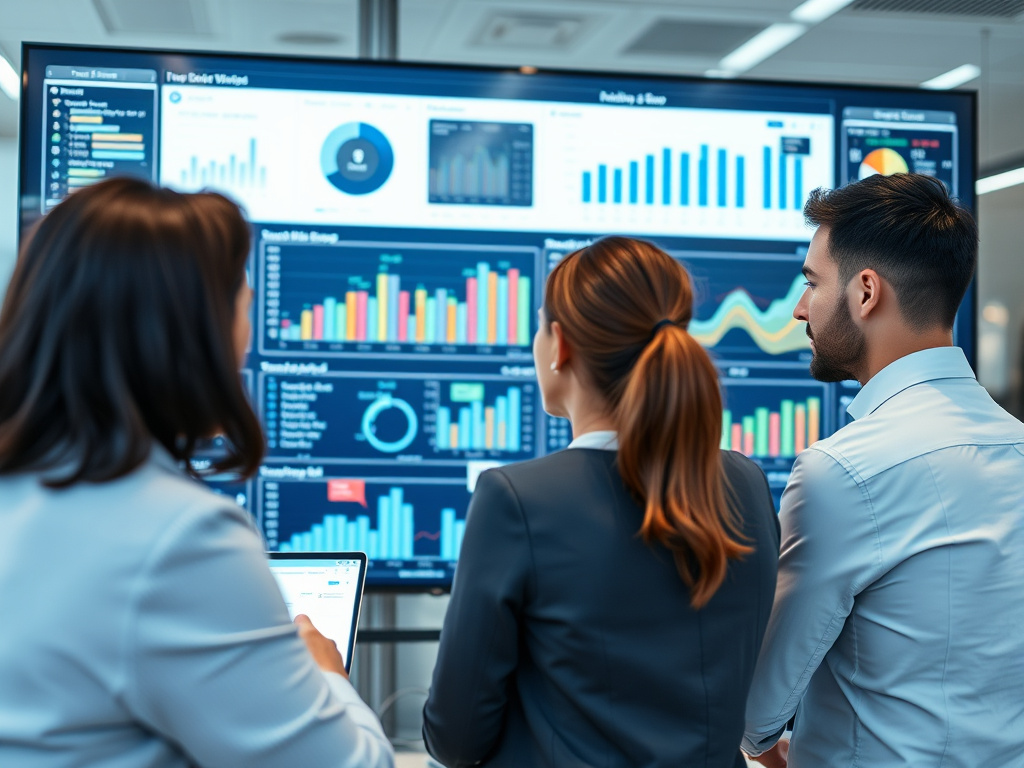 business team analyzing data analytics on a corporate digital dashboard with focus on information flow and accessibility