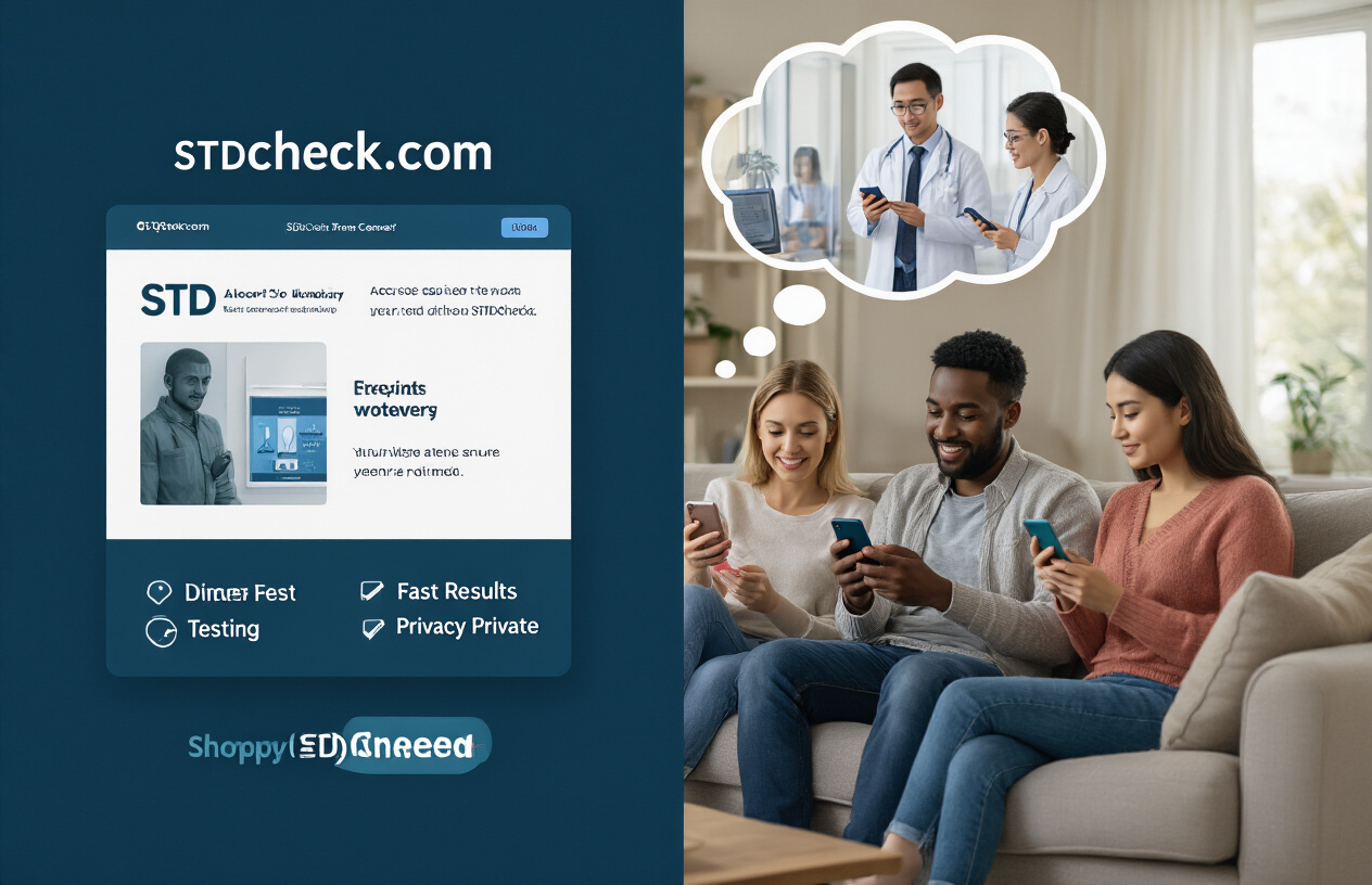 Create a realistic image of a diverse group of people (white female, black male, Asian female) using smartphones to access STDcheck.com's website while sitting in a comfortable living room, with UI elements showing discrete testing options, fast results, and privacy features, contrasted with a traditional clinic setting shown in a thought bubble above them looking clinical and less private.