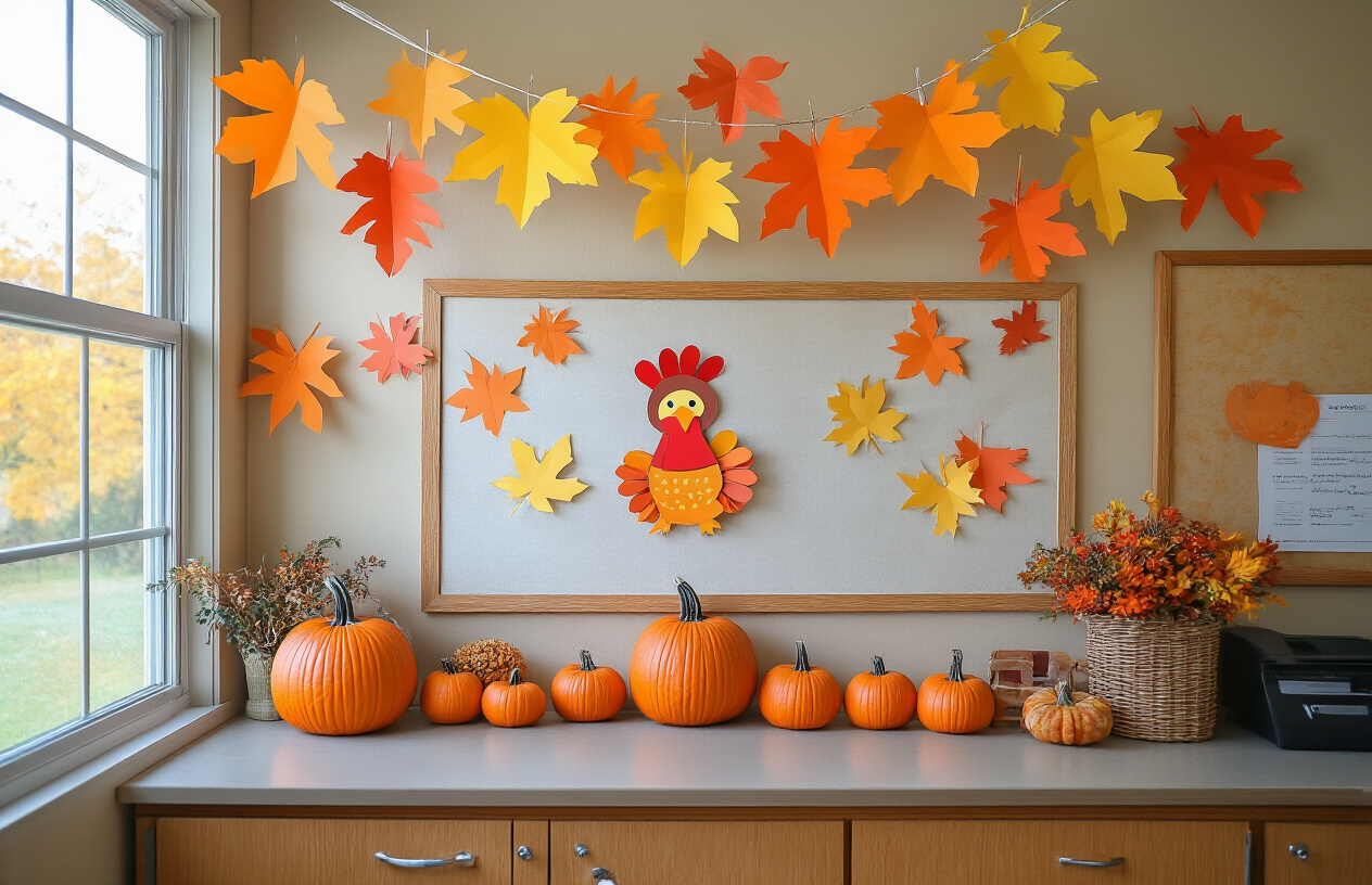 Create a realistic image of a school office decorated for autumn with budget-friendly seasonal elements including orange and yellow paper leaves hanging from the ceiling, a small pumpkin display on the counter, a DIY paper turkey craft pinned to a bulletin board, and a warm, inviting atmosphere with soft lighting highlighting the festive yet professional environment.