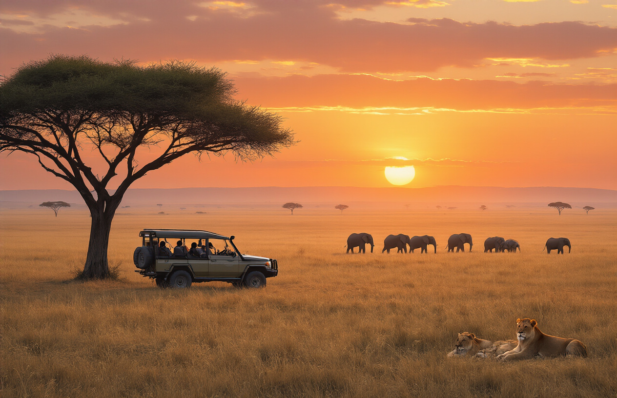 Create a realistic image of a vast Masai Mara savanna landscape at golden hour, showing acacia trees silhouetted against an orange-red sunset, with a small herd of elephants in the distance, a safari jeep with tourists using smartphones on the foreground hill, and a lion pride resting under a tree nearby, capturing Kenya's iconic wildlife experience where digital connectivity enhances safari adventures.