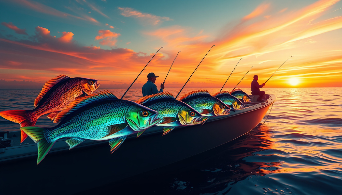  A detailed scene of anglers on a boat catching vibrant fish at sunset